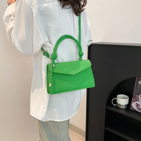 Fashion Woven Texture PU Leather Small Square Bag For Women Casual Solid Color Shoulder Crossbody Bag With Knotted Handle