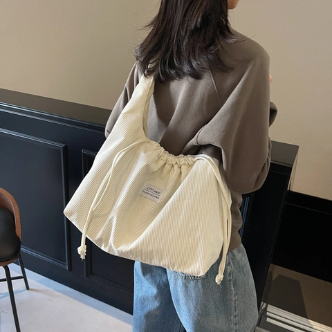 Women Casual Corduroy Shoulder Bag Large Capacity Drawstring Tote Bag Korean Style Solid Color Hobo Bag Fashion Versatile Single Strap Handbag
