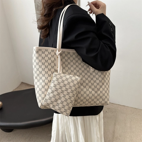 Sac Fourre-Tout Vintage Grande Capacité Avec Pochette Imprimé Monogramme M Cuir PU Sac à Épaule Main Chic Femme