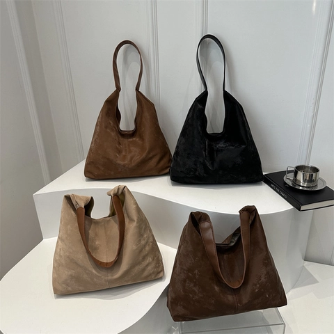 Bolso de Hombro de Cuero PU de Gran Capacidad Vintage para Mujer Retro Color Sólido Textura Envejecida Bolso Tote