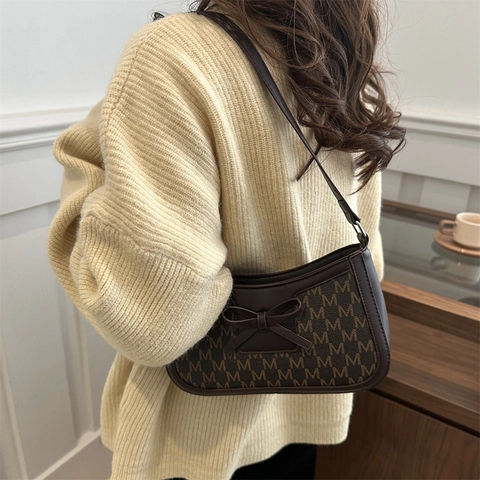 Trendy Monogram M Letter Print PU Leather Underarm Bag For Women Fashion Bow Decor Small Square Shoulder Bag Daily Streetwear