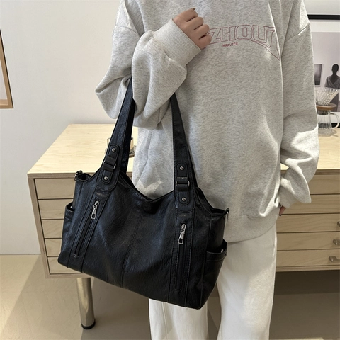 Women Vintage PU Leather Large Capacity Tote Bag Solid Color Zipper Decor Shoulder Bag Casual Commute Handbag With Multi Pockets