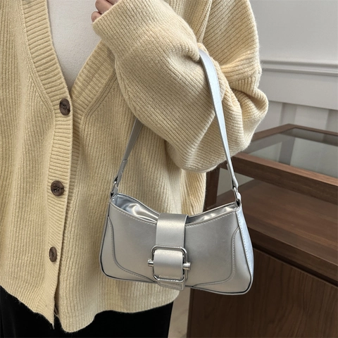 Bolso de Hombro Baguette de Cuero PU Minimalista para Mujer Bolso de Axila a la Moda Con Hebilla Metálica Cuadrada Color Sólido Estilo Urbano Retro