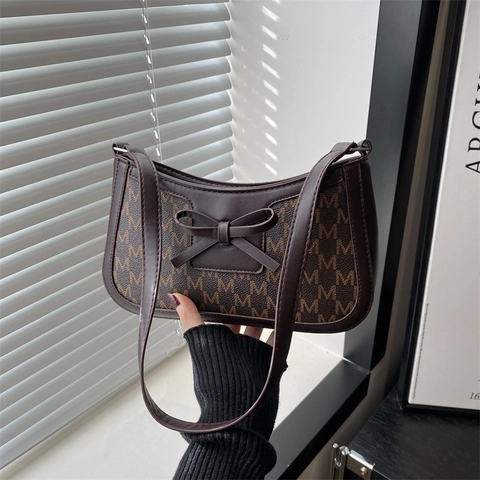 Borsa Sottoascellare in Pelle PU Retro Francese Stampa Monogramma M Fiocco Piccola Borsa a Tracolla Quadrata Donna Elegante