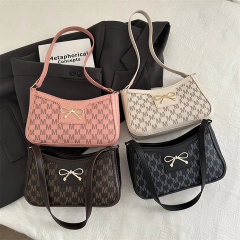 Damen Retro Monogramm Halbmond Unterarmtasche PU Leder Schultertasche Mit Goldener Schleife Mode Hobo Handtasche