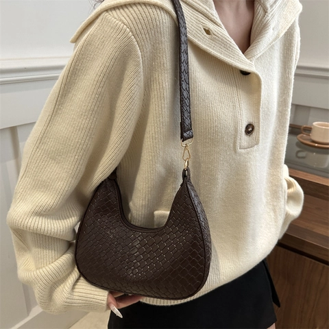 Damen Geflochtene Achseltasche Schultertasche PU-Leder Halbmond Hobo-Tasche Reißverschluss Urban Street Style Mode Tasche