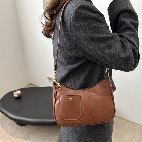 Minimalist PU Leather Underarm Bag For Women Fashion Solid Color Shoulder Bag With Front Pocket Gold Hardware Crescent Bag