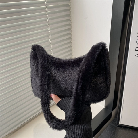 Women Plush Underarm Bag Faux Fur Solid Color Shoulder Bag Soft Handbag Korean Style Zipper Winter Fall Fashion Trendy Bag