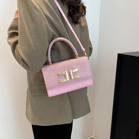 Women PU Leather Patchwork Glitter Shoulder Bag Gold Metal Buckle Crossbody Handbag Fashion Retro Elegant Small Square Bag