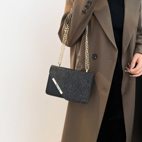 Sac à Épaule en Paillettes Scintillantes pour Femmes Mode Chaîne en Métal Sac Bandoulière en Cuir PU Petit Sac Carré Sac de Soirée