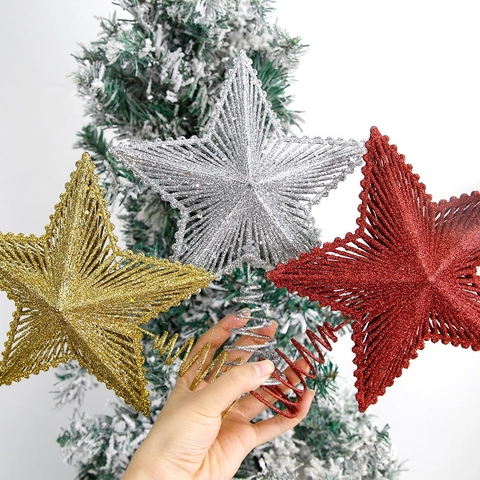 Glitter Christmas Tree Topper Star Hollow Iron Art Pentagram Top Ornament For Xmas Festive Holiday Party Home Decoration