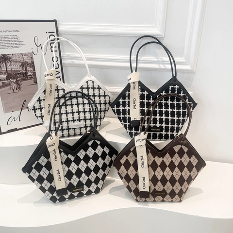 Borsa Tote Fashion in Pelle PU Houndstooth Argyle Grande Capacità Pendolare Borsa a Tracolla Apertura a V Sottoascella Con Nastro