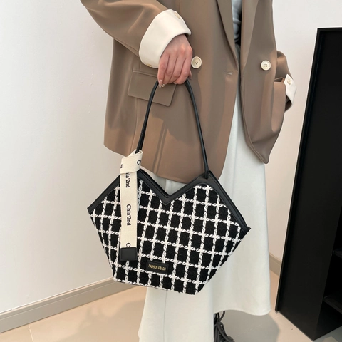 Borsa Tote Fashion in Pelle PU Houndstooth Argyle Grande Capacità Pendolare Borsa a Tracolla Apertura a V Sottoascella Con Nastro