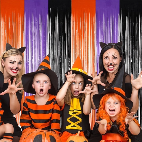 Halloween Rideau à Franges en Aluminium Orange Violet Noir Fond de Clinquant Métallique pour Décorations de Fête Rideau de Porte