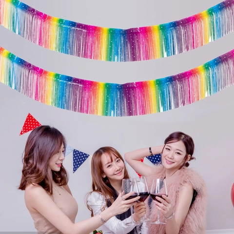 Banner a Frange in Filamenti Arcobaleno Sfumato Macaron Iridescente Sfondo per Feste Tenda per Decorazione Compleanno Matrimonio