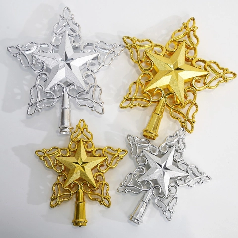 Punta de Árbol de Navidad Estrella de Cinco Puntas Calada Plástico Galvanizado Purpurina Adorno para Fiesta Navidad Decoración