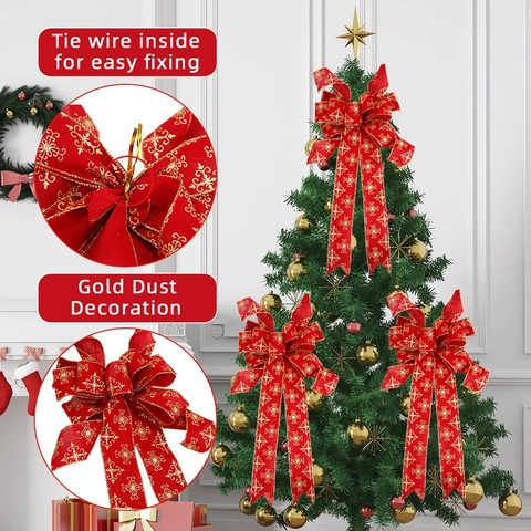 Lazo Grande de Cinta de Navidad para Colgar Rojo Oro Estampado Patrón de Copo de Nieve Imitación Lino Lazo para Árbol Fiesta Hogar Decoración