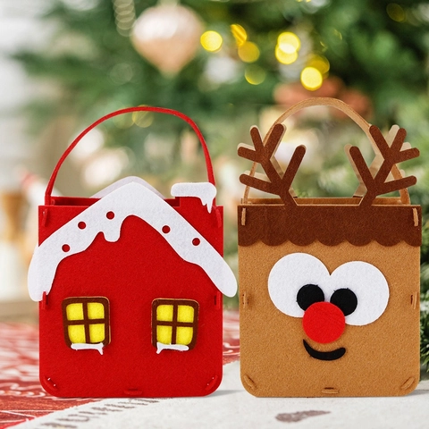 Christmas Felt Handbags Santa Claus Reindeer Snowman Pattern Felt Tote Bags For Christmas Party Candy Gift Packaging Bags