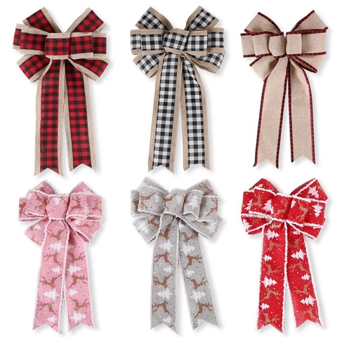 Buffalo Plaid Christmas Bow Pendant For Tree Topper Large Fabric Reindeer Snowman Print Decorative Bows For Holiday Party Home Decor