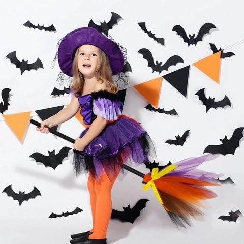 Halloween Witch Broom Prop With LED Light Up Detachable Magic Broomstick Mesh Ribbon Bow For Kids Cosplay Party Decorations
