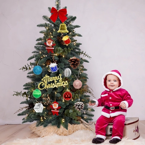 Christmas Tree Decoration Ornaments Kit Merry Christmas Sign Bow Bells Pine Cones Plastic Balls Holiday Home Party Decor