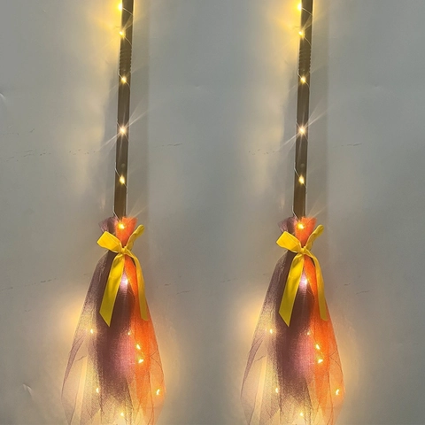 Halloween Witch Broom Prop With LED Light Up Detachable Magic Broomstick Mesh Ribbon Bow For Kids Cosplay Party Decorations