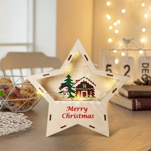 Weihnachten Leuchtender Holz Stern Schmuck LED Licht Elch Schneemann Weihnachtsmann Hohl Desktop Fenster Deko Für Feiertag Party