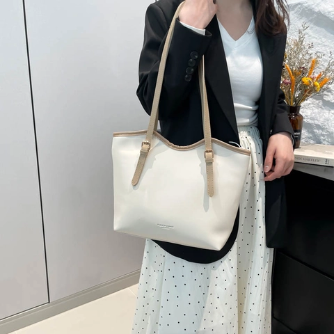 Large Capacity PU Leather Tote Bag For Women Retro Solid Color Shoulder Bag With Adjustable Strap 2025 Fashion Commuting Bag
