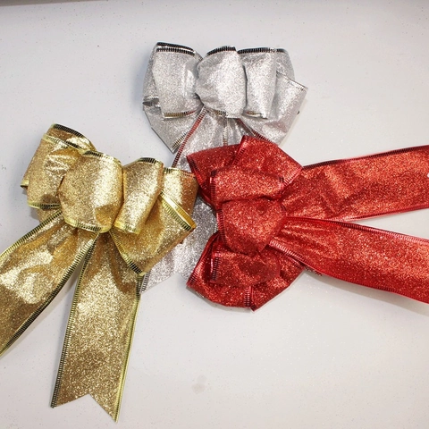 Glittery Christmas Bow Ornaments Handmade Cloth Bows For Christmas Tree Decor Holiday Party Celebration Vibrant Colors