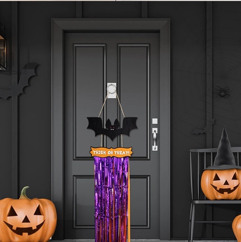Decorazione da Appendere alla Porta di Halloween Targa in Legno Con Nappa in Frangia di Lamina Trick Or Treat Pipistrello Scheletro Strega