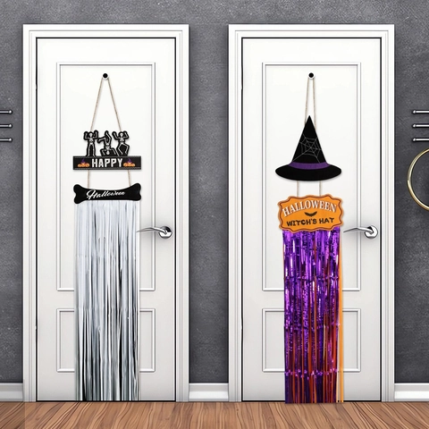 Halloween Decorazione per Feste Tenda di Glitter Insegna in Legno Pipistrello Strega Scheletro Ornamento da Appendere