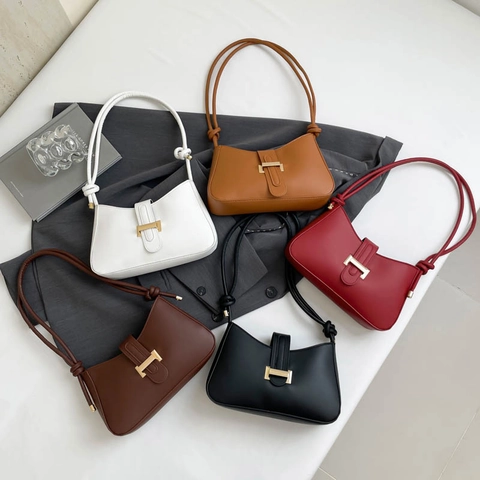 Vintage PU Leather Small Square Crossbody Bag Women H Metal Buckle Underarm Shoulder Bag Handbag Trendy Fashion Commute