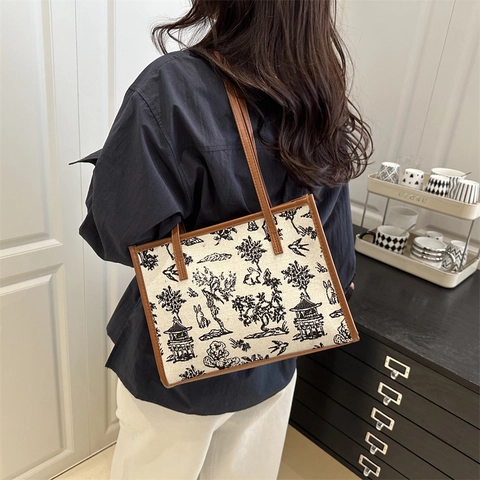Bolso de Mano de Lona con Estampado de Paisaje Vintage Gran Capacidad Bolso de Hombro para Mujer Retro Viaje Diario