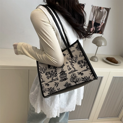 Borsa Tote in Tela con Stampa Paesaggio in Stile Cinese Vintage per Donna Borsa a Tracolla di Grande Capacità con Bordo in Pelle Sintetica