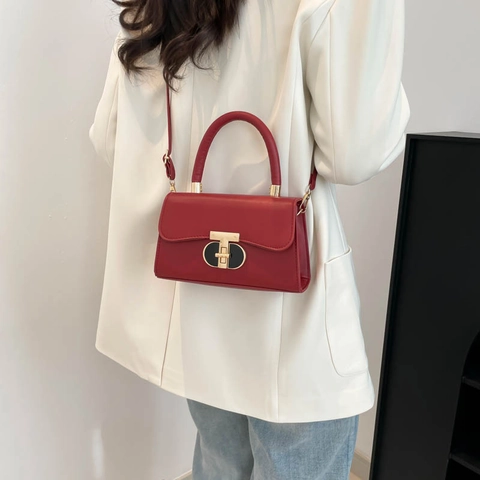 Vintage Women PU Leather Small Square Bag With Gold T-Shaped Lock Minimalist Shoulder Crossbody Handbag For Daily Fashion