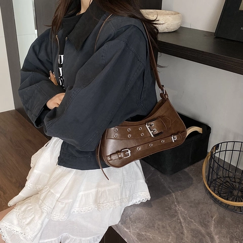 Borsa Sottobraccio in Pelle PU Retro Casual da Donna Stile Punk Y2K Borsa a Tracolla con Fibbia in Metallo e Occhielli