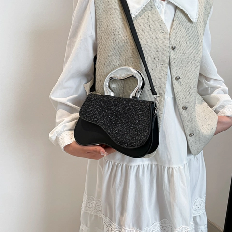 Fashion PU Leather Glitter Shoulder Bag For Women Trendy Irregular Wave Small Square Handbag With Metal Handle Crossbody Bag