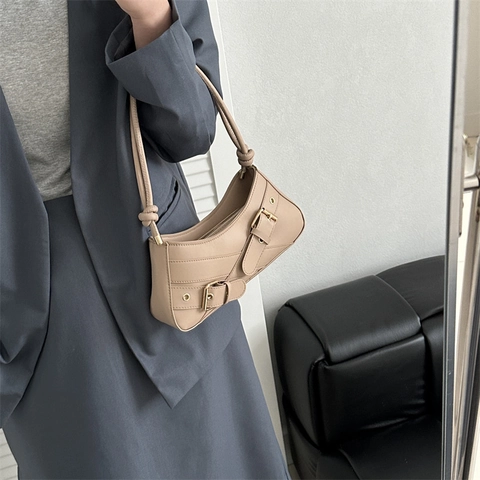 Borsa Sottobraccio da Donna in Pelle PU Alla Moda Minimalista Tinta Unita Con Fibbia in Metallo Tracolla Con Nodo Borsa Quotidiana Casual