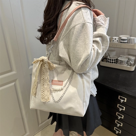 Borsa Tote in Tela Dolce Con Fiocco in Pizzo Decorazione con Perle Artificiali Grande Capacità Borsa a Spalla di Moda Per Donna