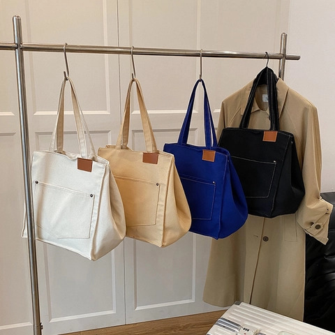 Bolso Tote de Lona Casual para Mujer Gran Capacidad Costuras en Contraste Bolso de Hombro Estilo Coreano Diseño de Nicho
