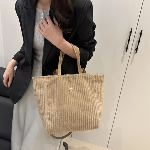 Women Large Capacity Corduroy Tote Bag Retro Minimalist Shoulder Bag Solid Color Handbag For Commute School Office