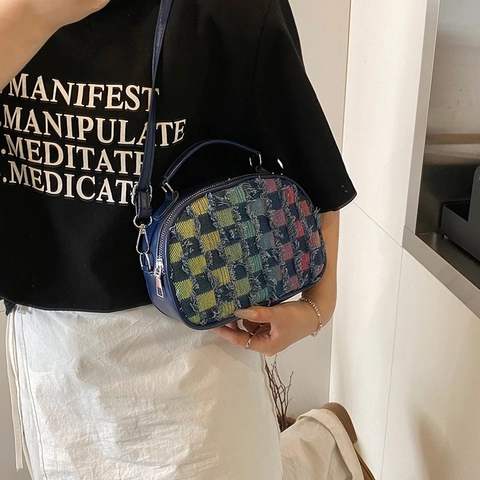 Sac à Épaule Damier pour Femmes PU Denim Splicing Franges Sac Bandoulière Décontracté Petit Sac Carré Tendance