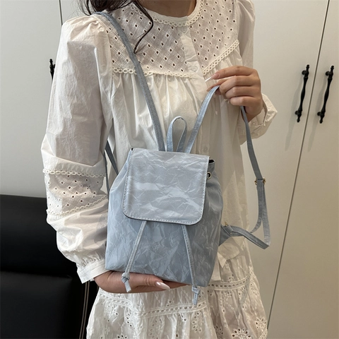 Damen Retro Mini Rucksack mit Knitteroptik PU Material Fashion Klapp Kordelzug Schultertasche Casual Streetwear für Frauen