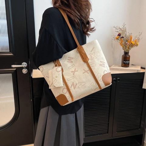 Vintage Buchstabendruck Tote Bag Set Für Damen Große Kapazität PU Leder Umhängetasche Mehrteilige Mode Pendeln Handtasche