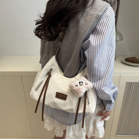 Damen Große Kapazität PU Leder Schultertasche Vintage Off White Tote Bag Mit Kontrastreichen Trägern Lässige Pendler Modetasche