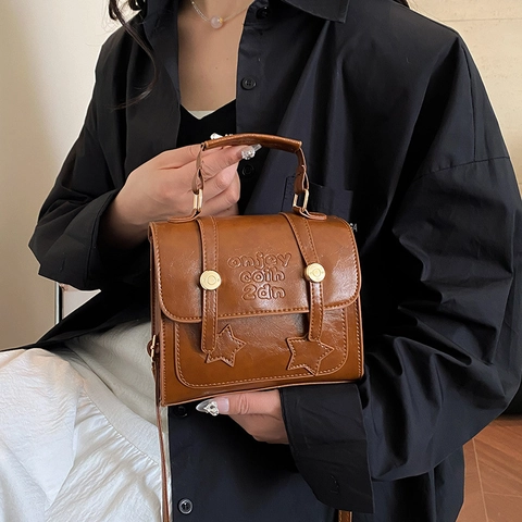 Bolso de Hombro Cuadrado Pequeño de Cuero PU Vintage para Mujer Bolso de Mano Cruzado Retro en Relieve de Estrella con Asa