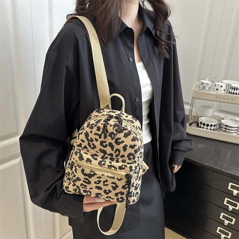 Damen Cord Mini Rucksack Mit Leopardenmuster Mode Einfach Klein Schultasche Lässig Streetwear Tagesrucksack Reise Rucksack