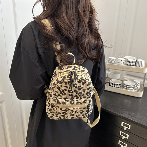 Fashion Leopard Print Corduroy Mini Backpack For Women Casual Small Capacity School Bag Vintage Style Daily Shoulder Bag