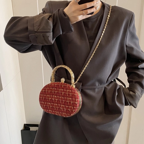 Borsa da Sera Vintage in Tweed Donna Manico in Metallo Perla Artificiale Strass Chiusura Catena Crossbody Tracolla