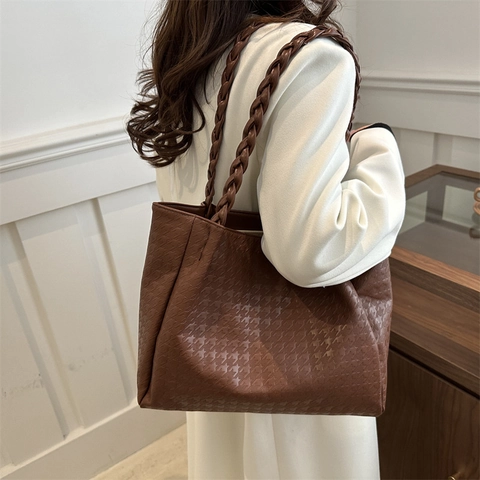 Damen Hahnentritt Geprägt PU Leder Tote Bag Mode Große Kapazität Umhängetasche Mit Geflochtenem Griff Lässige Pendler Handtasche